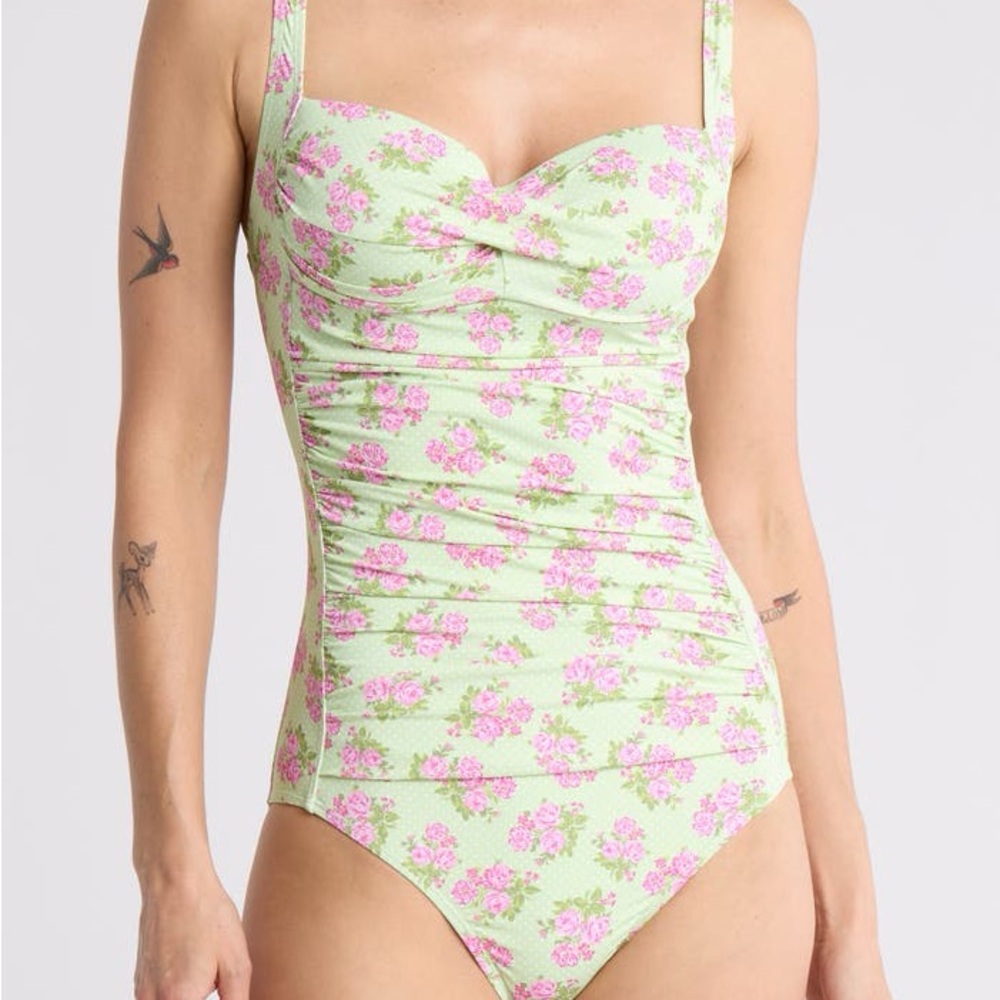 Betsey Johnson Floral One Piece Swimsuit - Green and Pink